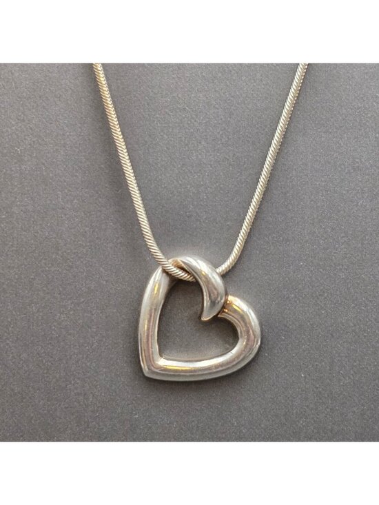 R Jewelry - Vintage Sterling Silver Puffy Open Heart Pendant Necklace 18" Modernist Italy 92